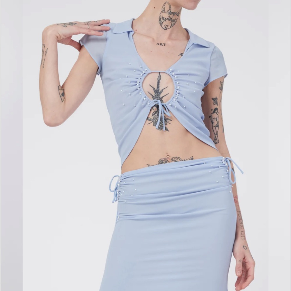 danielle guizio blue pearl keyhole shirt and skirt SET! never worn!